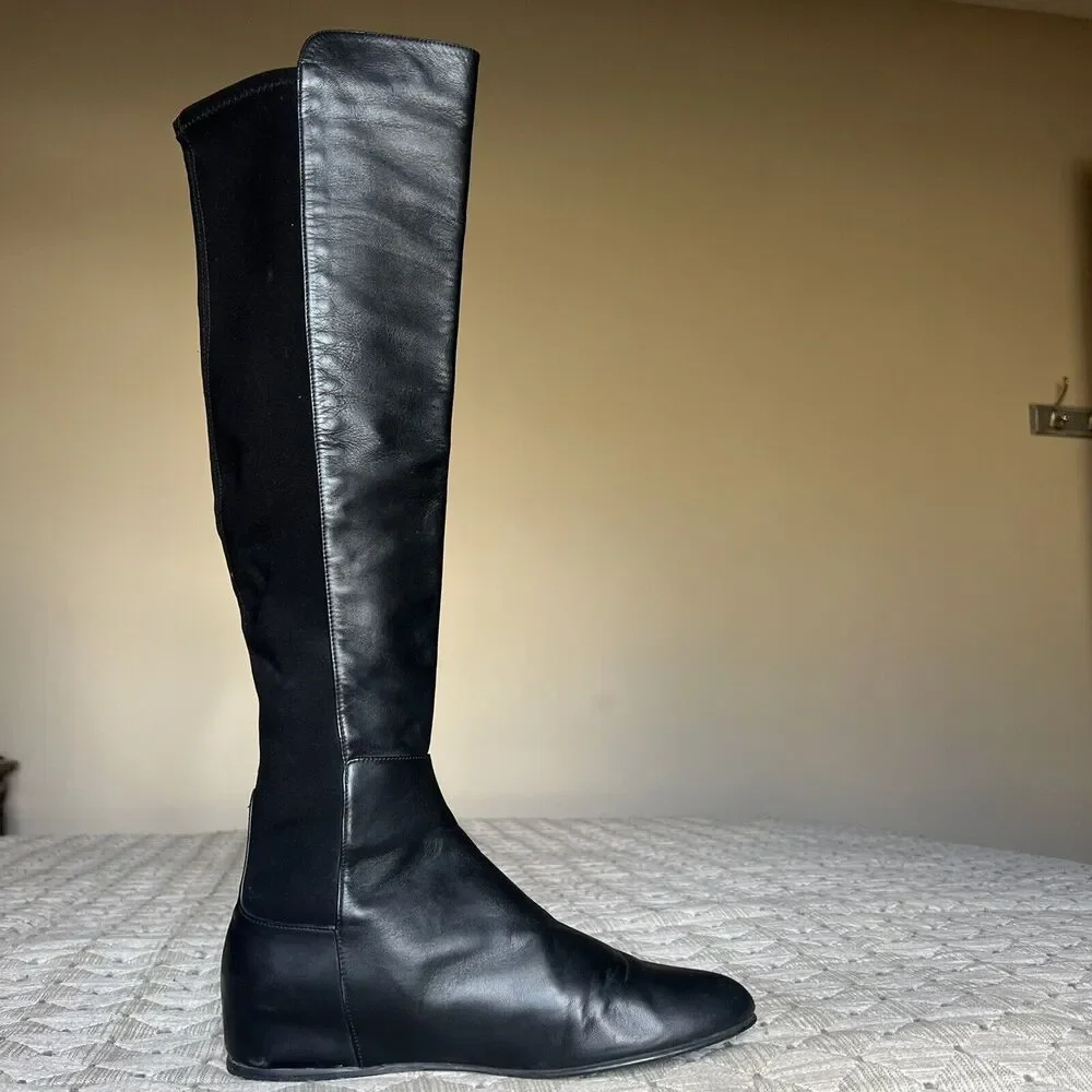 Stuart Weitzman Lander Black Leather Women 6.5 Knee High 5050 Hidden Wedge Boots